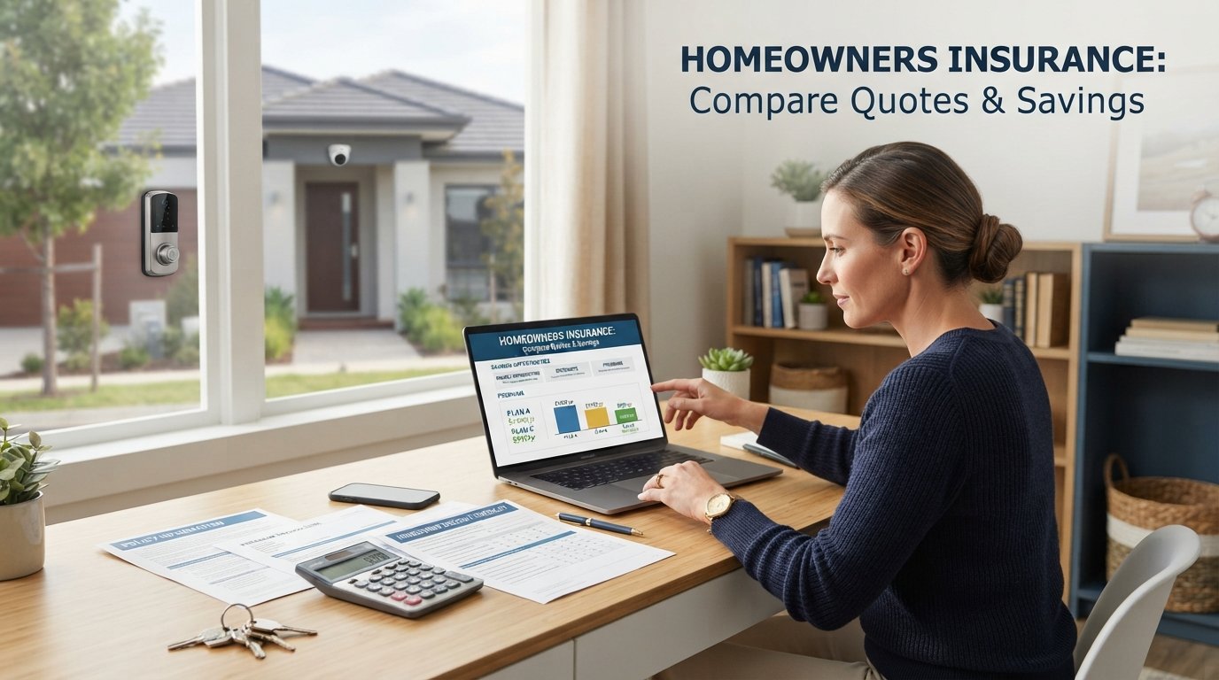Homeowner comparing home insurance premiums and savings options on a laptop